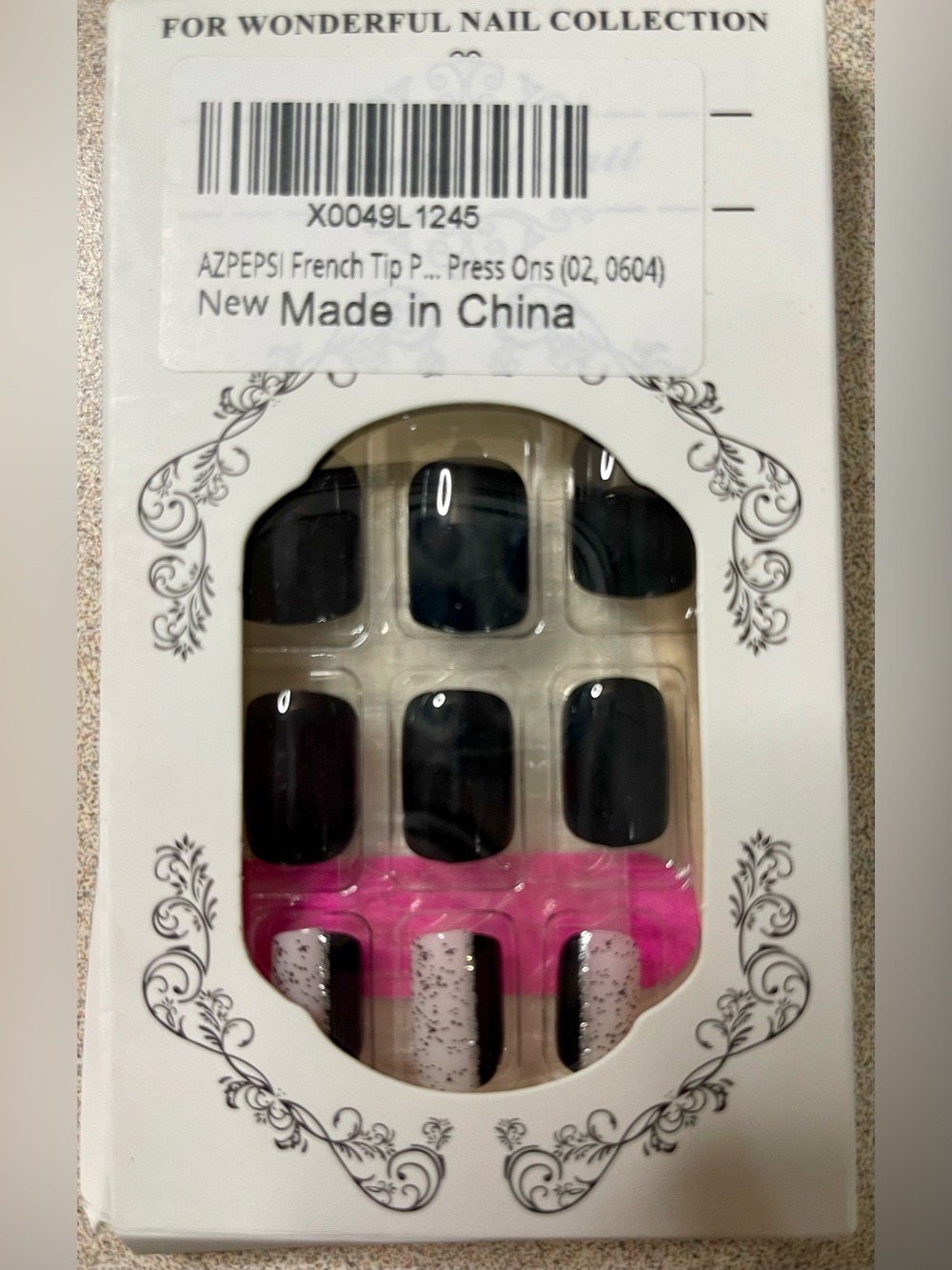 24 Reusable Press On Nails Black French Tip Glitter Design New